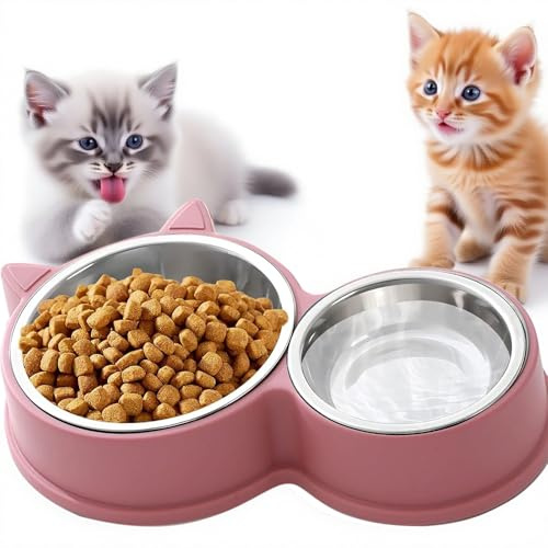 Set Doppia Ciotola per Gatti in Acciaio Inox, Base Antiscivolo, Lavabile in Lavastoviglie – Per Cibo Secco e Umido, Design Carino a Forma di Gatto, Colori Vivaci Assortiti (Rosa)