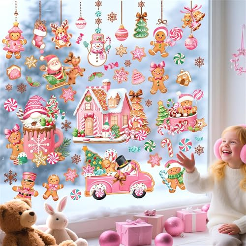 decalmile Window Clings Pink Christmas Gingerbread Reusable Windows Decals | Anti-Collision, Static Cling Glass Decal, Double-Sided Printing, Both Sides Clearly Visible, Waterproof, Removable