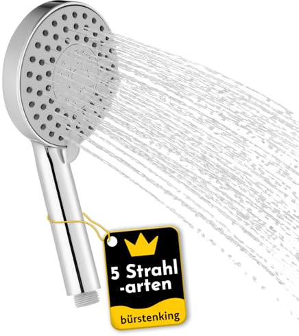 Bürstenking Duschkopf Handbrause mit 5 Strahlarten, runde Duschbrause Ø 118 mm – Antikalk-Funktion, Brausekopf Dusche verchromt, Duschkopf starkem Strahl für Standard-Brauseschläuche mit 1/2-Gewinde