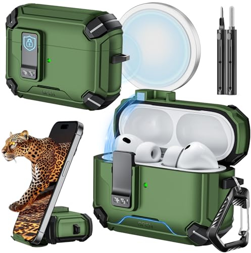 Inesore for AirPods Pro 3 Hülle (2025) with Phone Stand Design, Compatible with MagSafe, Auto-Locking Case Cover for Air Pods Pro 3rd with Cleaning Kit & Keychain, Warm Green