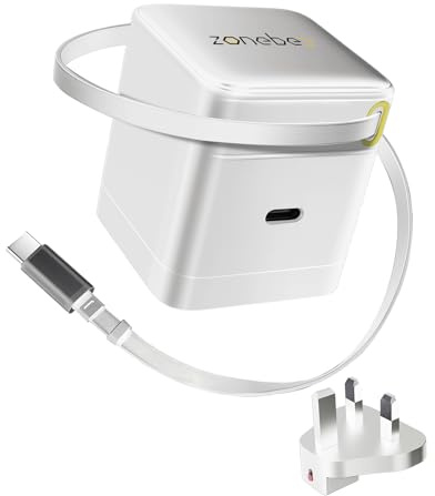 Zonebee 65W GaN Ultra-Fast Charger with Retractable Cable, Dual USB-C Ports, Swappable UK/US Plug for MacBook Air/Pro, iPad, iPhone, Samsung Galaxy, Google Pixel, HP/Dell/Lenovo, Chromebook (white)