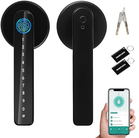 AILRINNI Smart Door Lock - 5 in 1 Fingerprint Door Lock,Zinc Alloy, with APP/IC Card/Passcode/Key/Fingerprint Biometrics, Single Side Smart Door Handle for Home, Bedroom, Hotel(APP Smart Management)