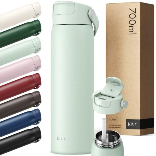 KIVY Botella de acero inoxidable con pajita de 700ml - 24h frío | 12h caliente - A prueba de fugas y apta para lavavajillas - Botella deportiva aislada - Botella térmica - Botella de agua de acero