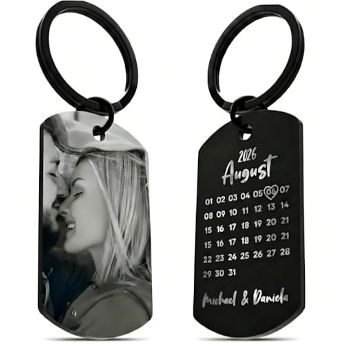 Generisch Pixadruck Schlüsselanhänger personalisiert aus Edelstahl mit Schwarz/Weiß Bild und Datum - Valentinstag-Geschenk für ihn & sie - Partner Geschenke - Personalisierte Geschenke
