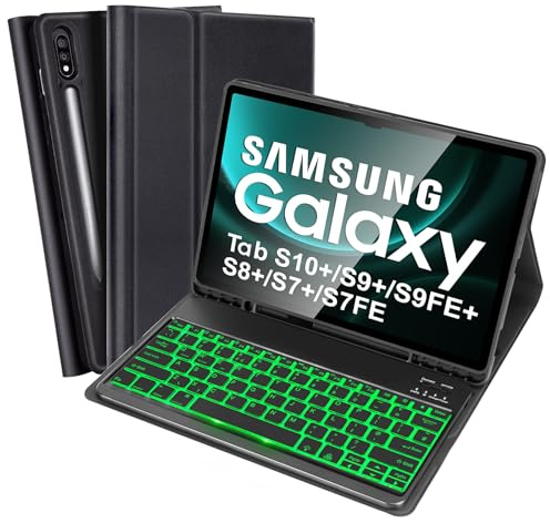 kantaj 12.4'' Backlit Keyboard Case for Samsung Galaxy Tab S10+/S9 FE+/S9+ | Bluetooth Keyboard Case for Galaxy Tab S7 FE/S9 FE+/S9 Plus/S8 Plus/S7 Plus 12.4inch, UK Layout, Magnetic Keyboard, Black