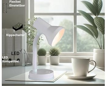 Brilliant Tischlampe mit Flexarm in weiß - Tischleuchte mit eintsellbarem Kopf - einfaches Ein - und ausschalten durch Kippschalter - Mit E27-Fassung, für LED-Leuchtmittel geeignet (wechselbar)