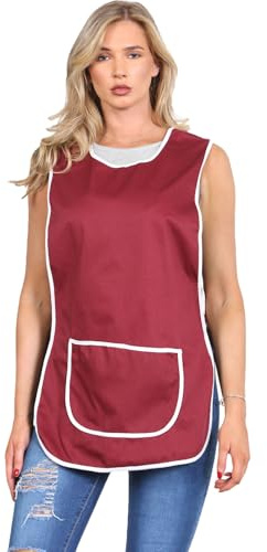 MyShoeStore Ladies Womens Tabard Home Work Kitchen Cleaning Chef Catering Cleaners Workwear Overall Piping Edge Tabbard Apron With Large Pocket Side Button Fastening Plus Big Size (Burgundy, WX)