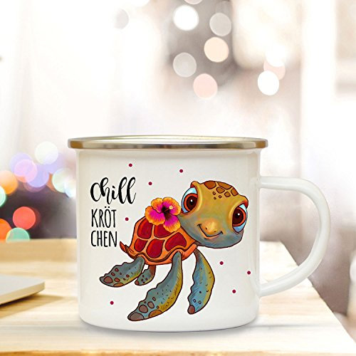 ilka parey wandtattoo-welt Emaille Tasse Becher mit Schildkröte & Spruch Kaffeebecher Camping Becher mit Motto Zitat Chillkrötchen eb33