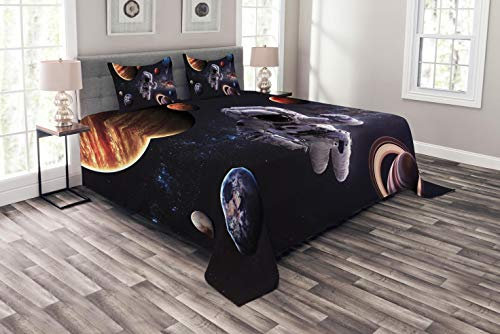 ABAKUHAUS Nebel Tagesdecke Set, Planets Galaxies, Set mit Kissenbezügen Waschbar, für Doppelbetten 220 x 220 cm, Schwarz