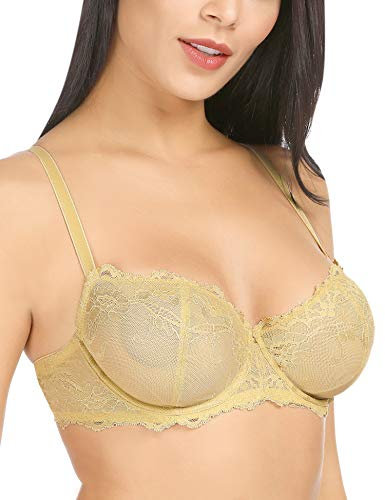 WingsLove Women's Balconette Bra Half Cup Non-Padded Minimiser Bra Wired Floral Lace Plus Size(Pale Dawn 40DD)