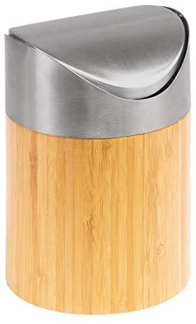 Westmark Cubo de basura de mesa, tapa basculante, inserto de plástico, capacidad: aprox. 0,8 litros, diámetro de 12 cm, bambú, acero inoxidable y plástico, tapas + amigos, marrón claro/plata/blanco