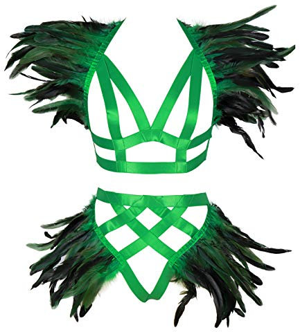 BBOHSS Donne Body Harness Piume Reggiseno Punk Giarrettiera per Gambe Gotiche Carnevale Accessori per Abbigliamento da Ballo di Halloween (Verde)