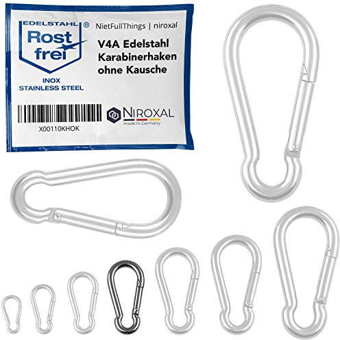4 Stück Karabinerhaken 6mm starke Karabiner Edelstahl Haken Schlüsselanhänger ohne Auge Kausche Bruchlast 900 kg Edestahhlkarabiner 6x60 mm Hängematte Schaukel