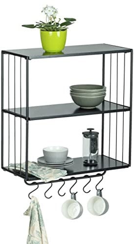 WENKO Wandregal Industrial, 3 Etagen, modernes Regal im Industrie-Stil mit Hakenleiste für Handtücher, 6 S-Haken, offenes Wohnregal aus Metall/MDF, quadratisches Loft-Design, 50 x 55 x 23 cm, Schwarz