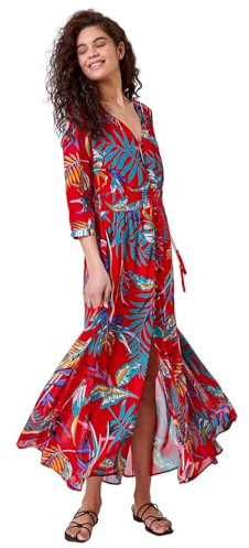 Roman Originals Women Shirred Waist Dress Ladies Spring Everyday Summer Holiday V-Neckline Comfy 3/4 Sleeve Soft Tassle Detail Frock Vacation Gowns Chiffon Maxi Midi Wrap - Tropical Red - Size 20