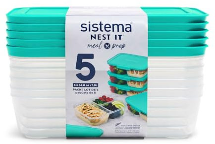 Sistema Nest It Meal Prep Food Storage Containers with Lids, 3 Compartments, 8 Cups, 5-Pack, Teal