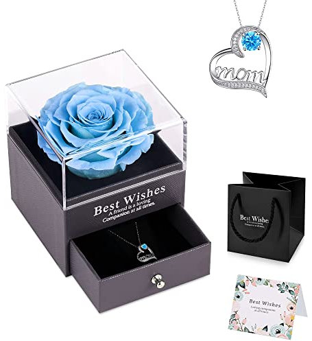 NEWUPZSI Mama Ewige Echte Rose blau Konservierte Rose Geschenkbox mit Liebe Sie Halskette, echte Rose Blume Geschenk für Mütter Muttertag, Konservierte Rose zum Muttertag sie