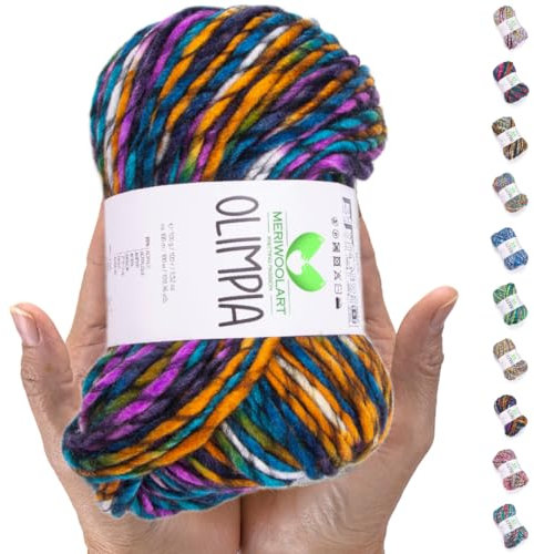 MeriWoolArt Merino Wolle zum Stricken – 100 m Mehrfarbige Dicke Weiche Merinowolle zum Stricken für Pullover Jacken – XXL Handstrickwolle – Voluminöse DIY Wolle für Schals Decken Tücher Geschenke