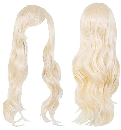 Lange Lockige Perücke, 28 Zoll/70cm Hellgold Cosplay Perücke für Frauen, Perücken mit Pony, Damen Perücke Lang, geschichtete, für Alltag Anime Cosplay Kostümparty Halloween Karneval