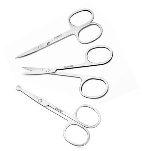 XUJINCN Small Scissors, 3.5in Beauty Scissors,for Personal Facial Hair Grooming ,Curved and Round Design, for Trim Men/Women Eyebrows Trimming, Eyelashes,Nose Hair, Ear, Mustache 3 Pack