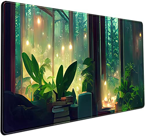 Tapis de souris motif feuilles vertes, grand tapis de souris XXL pour jeux vidéo, esthétique, tapis de souris pour ordinateur portable, femme, 80 x 40 cm