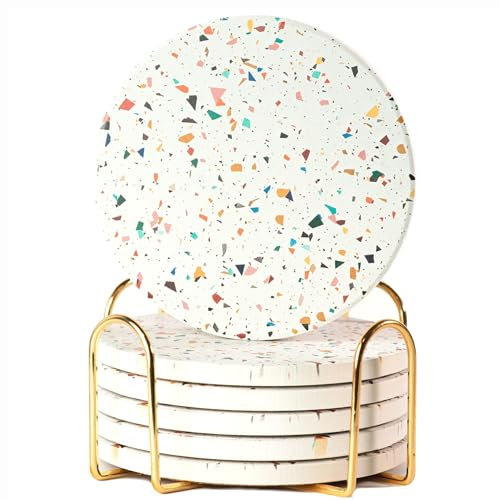 Terrazzo Lot de 6 dessous de verre absorbants en céramique avec support pour boissons, table basse, dessous de verre en marbre, dessous de verre en pierre pour boissons absorbantes