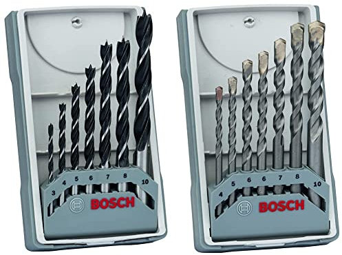 Bosch Professional 7 pces. Kit de forets à bois hélicoïdaux (pour bois tendre et dur, Ø 3-10 mm,) & 7 pièces CYL-3 Jeu de forets à béton Set (Ø 4/5/6/6/7/8/10 mm)