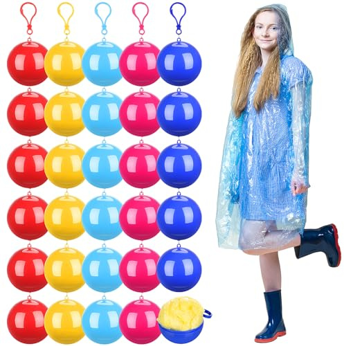 Liitrsh 30 Pcs Rain Ponchos for Adults Portable Disposable Emergency Raincoats Waterproof Raincoats in Ball with Hook Plastic Travel Rain Poncho for Kids Camping Outdoor Cycling Sports, 5 Colors