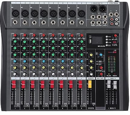 Depusheng DT8 Professioneller Mixer, Soundboard-Konsole, 8-Kanal-Tischsystemschnittstelle, USB-Computer-MP3-Eingang, 48-V-Phantomspeisung, Stereo-DJ-Studio-FX-Stahlgehäuse