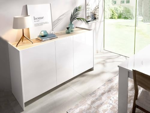 Dmora - Sideboard Calino, Buffet für Wohnzimmer, Modernes Sideboard für Wohnzimmer mit 3 Türen, 138x42h76 cm, Weiß und Eiche