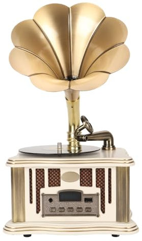 Vintage Grammophon BT Lautsprecher, Kabelloser Retro Phonograph Lautsprecher, Wiederaufladbarer Vintage Typ C Grammophon Player Im Vintage Retro Stil mit FM Funktion (Weiß)