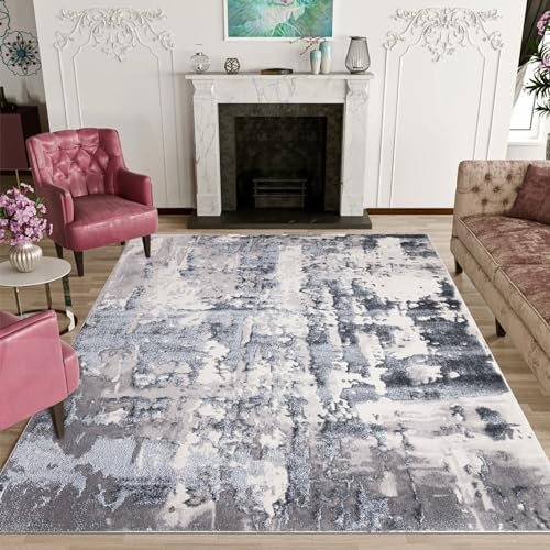 renoazul® Turkish Style Washable Premium Mat, 6 ft 7 in x 9 ft 6 in, 200 x 290 cm, Abstract Grey, Jute Backing Very Large Rugs for Bed room, Living, Boys and Study Room