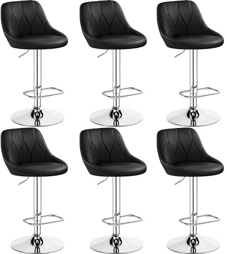Yaheetech Lot de 6 Tabourets de Bar en Similicuir Hauteur Réglable de 86 cm à 107,5 cm Chaises de Bar Assise Pivotante Repose-Pied Carré Tabourets Hauts Cadre Métallique Galvanisé Noir