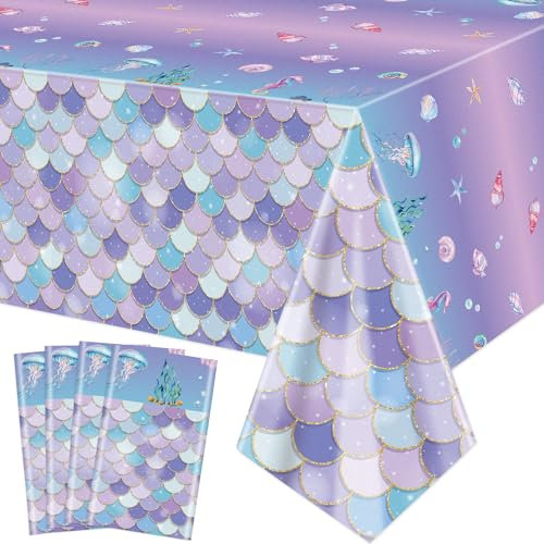 Meerjungfrau Tischdecken 4 Stück - Ozean Meer Fisch Schuppen Design für Geburtstag, Mädchen Unter dem Meer Baby Dusche Party Supplies, 130x220cm
