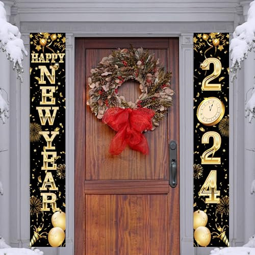Rngmsi Happy New Year Türbanner 2024 - Schwarz Gold Happy New Year 2024 Dekorationen Neujahr Party Banner Dekorationen Happy New Year 2024 Dekorationen Silvester Türdekorationen Supplies