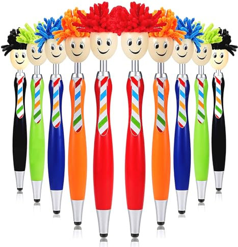 HENGBIRD 10 Stück Kugelschreiber Schwarz,Microfaser Bildschirmreiniger Stifte Mop Head Topper Stifte Lustige Kugelschreiber mit Stylus-Spitzen Lustige Clown Kugelschreiber für Kinder Erwachsene