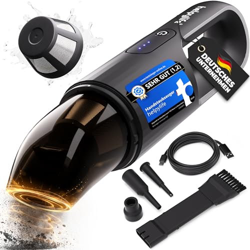 helpylife ® Handstaubsauger HL200 mit Akku I Starke Saugkraft für Auto & Zuhause I 4-in-1 kabelloser Handsauger mit Boost Funktion I Autostaubsauger mit waschbarem HEPA Filter aus Edelstahl (Schwarz)