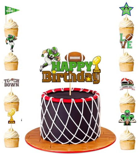 MiaLover Rugby Tortendekoration - 1 Großer Happy Birthday Cake Topper und 24 Stück Themen Kuchendeckel Cupcake für Kinder Mädchen Junge Party Muffin Deko