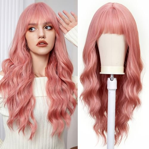 UEVIES Lange Lockige Rosa Perücken mit Pony Perücke für Frauen synthetisches Haar Perücke für Party Cosplay täglichen Gebrauch -26 Zoll