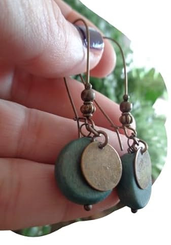 ꧁LEICHTE ANTIKBLAUE DICKE HOLZ SCHEIBE & BRONZE VINTAGE PLÄTTCHEN ꧂ bronze vintage Ohrringe mit langen Ohrhaken
