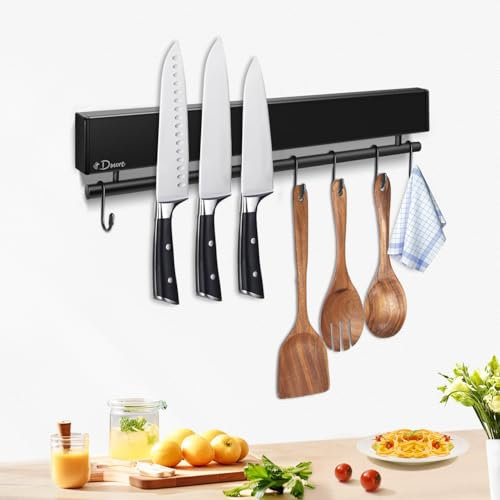 Dmore Barre magnétique pour couteaux de 30 cm avec 5 crochets, porte-couteaux noir magnétique avec barre à crochets, porte-couteaux magnétique extrêmement autocollant, ruban adhésif et vis, pour