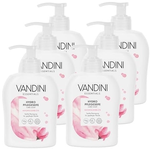 VANDINI 6x Hydro Flüssigseife Spender mit Magnolienblüte Duft 300ml - Made in Germany Spender Seife vegan - Handseife flüssig reinigt sanft - Handwaschseife für gepflegte Hände - Hand soap