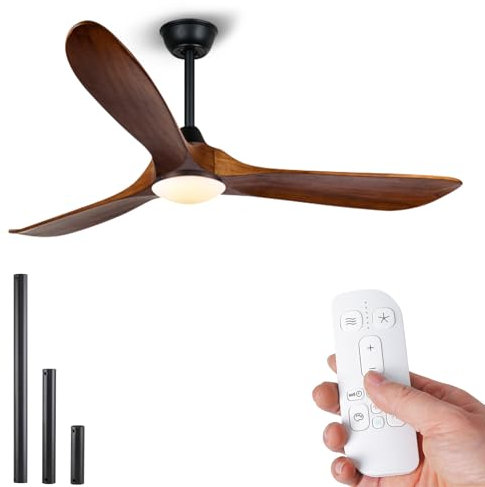 OUENGK 152cm Deckenventilator mit Beleuchtung und Fernbedienung, Silent DC Motor Holz Deckenventilator Licht, 3 Flügel große Indoor Outdoor-Ventilatoren für große Wohnzimmer Garage (60 Zoll/152cm)