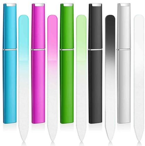 Qianyu 5 Pcs Glass Nail File with Case Crystal Fingernail Files Set Manicure Czech Glass Trimmer Stick Double-Sided Etched Cuticle Remover Filing Tools for Polishing Grinding Salons Homes
