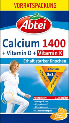 Abtei Calcium 1400 + Vitamin D & K – Für starke Knochen und die Muskelfunktion – Hochdosiert, Glutenfrei, Laktosefrei, Gelatinefrei – Vorratspackung mit 90 Kautabletten