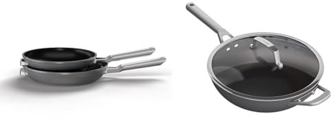 Ninja ZEROSTICK Stackable Cookware Frying Pan 2-Piece Set, Non-Stick, Space Saving, 24/28cm Frying ZEROSTICK Premium Cookware 28cm Wok with Glass Lid, Long Lasting, Non-Stick, Hard Anodised