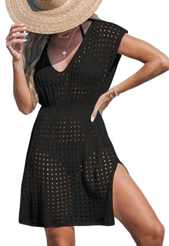 CUPSHE Womens Crochet Cover Up Swimsuit Short Sleeve V Neck Mesh Split Casual Knit Beach Mini Dress