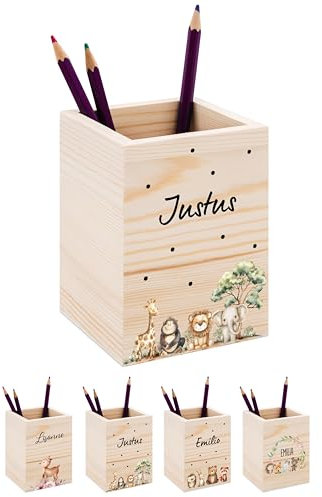 Bärenfreunde® - Personalisierter Stiftehalter Kinder aus Holz - Kreativer und praktischer Schreibtisch-Organizer Kinder mit Namen - Perfektes Einschulung Geschenk und Geburtstag (Safari Tiere Punkte)