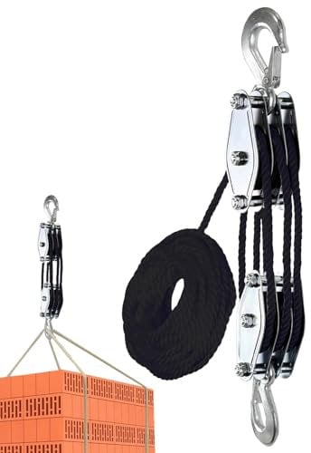 Rope Hoist - 2200lbs Rope Pulley Hoist, 50ft Block Tackle Pulley | Lifting Power Pulley System, Breaking Heavy Duty Rope Hoist, Ratchet Strength Puller Hoists for Hunting Garage Warehouse Construction