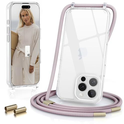 GOODVISH Cover Trasparente con Cordino per iPhone 16 Pro, Oro Rosa | Custodia con Regolabile Collana per iPhone 16 Pro 6.3, [Antiurto] [AntiGraffio] [Antiscivolo] Case con Laccio Tracolla